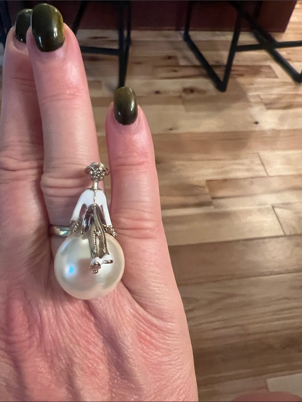 Fun playful ring lady sitting on a pearl adjustable size 7 .